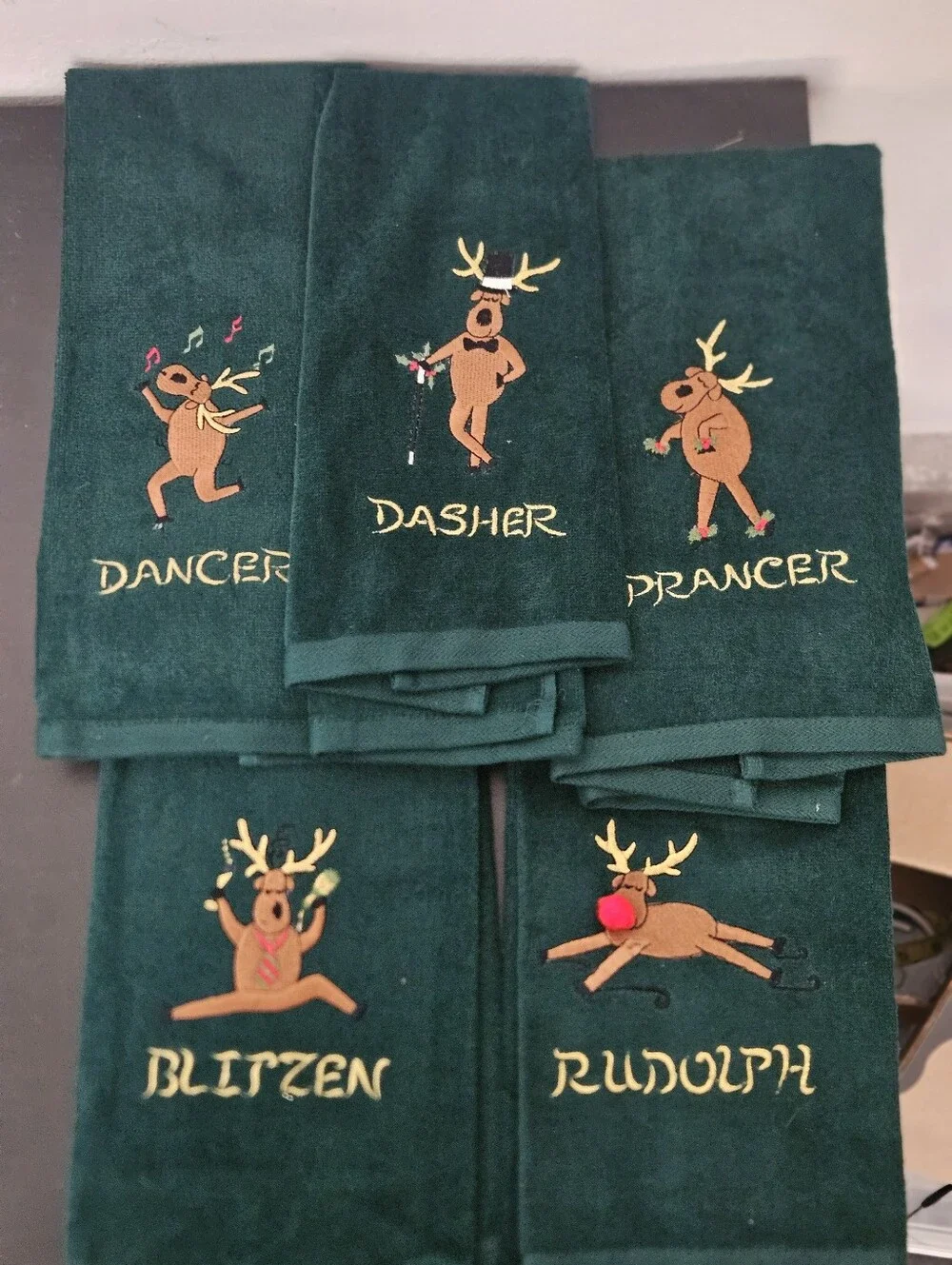 Embroidered Reindeer Holiday Kitchen Towels - Dark Green